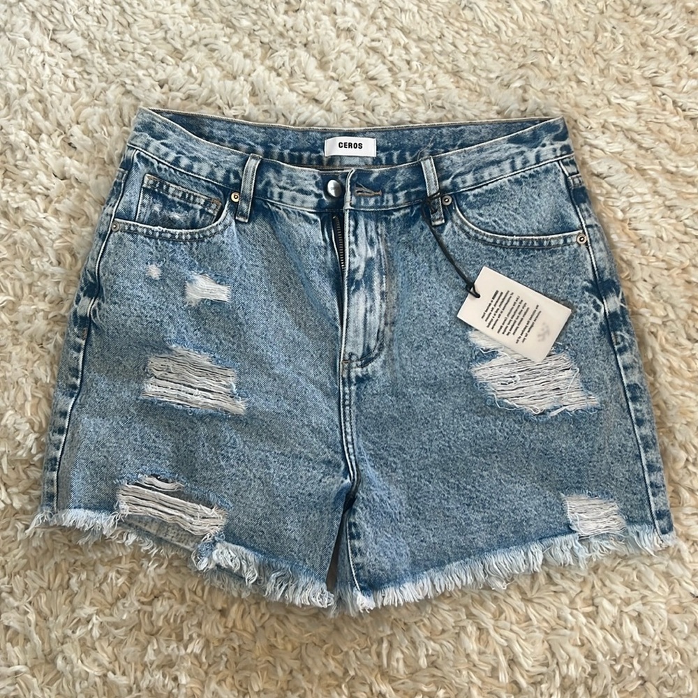 CEROS Summer High Rise Distresses Acid Wash Denim Shorts Size 31
